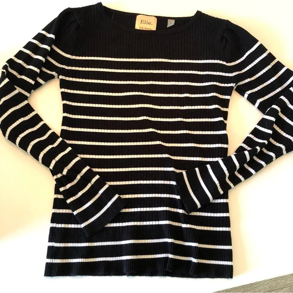 Elie Tahari Ribbed Striped Sweater Small Black White